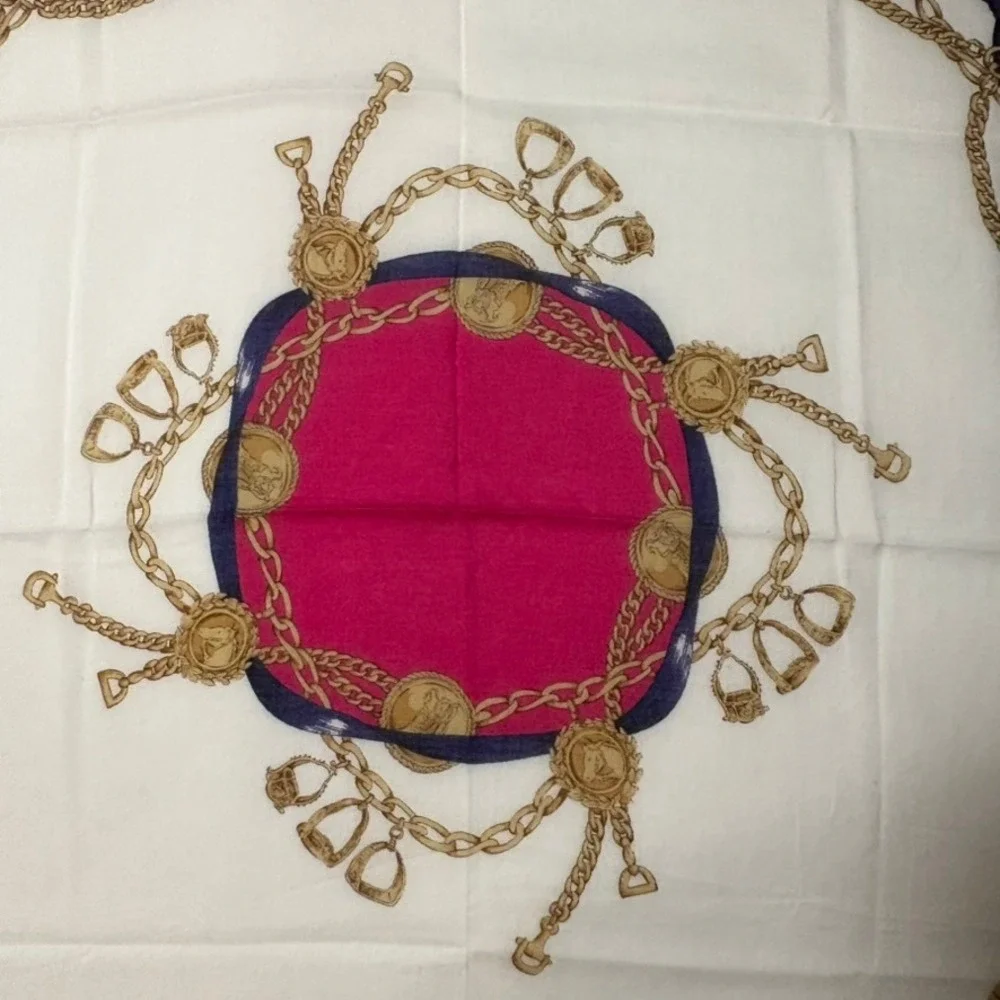 Vtg BURBERRYS Scarf Handkerchief Equestrian Chain Pink White 18